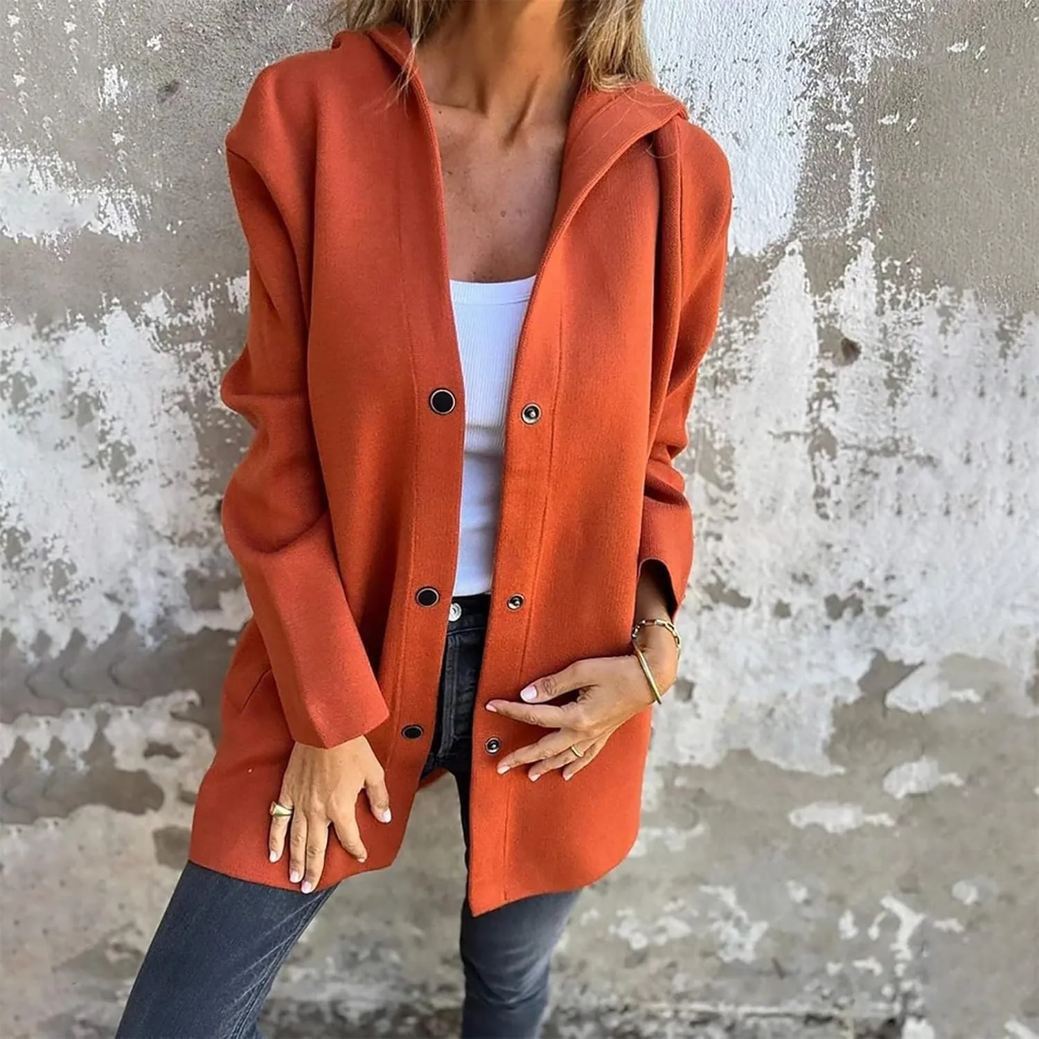Womens Jackets Casual Single Breasted Hooded Jacket Lapel Neck Long Sleeve Solid Cardigans Trench Coat for Women 2024
