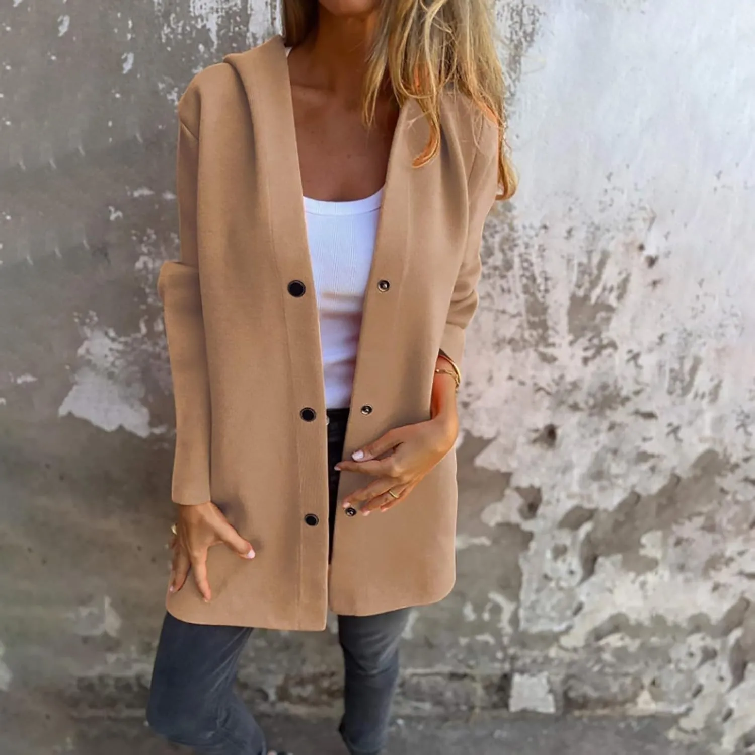 Womens Jackets Casual Single Breasted Hooded Jacket Lapel Neck Long Sleeve Solid Cardigans Trench Coat for Women 2024