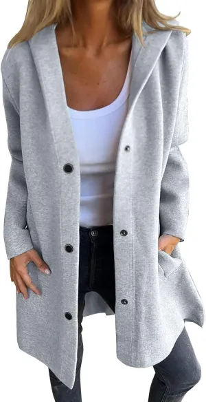 Womens Jackets Casual Single Breasted Hooded Jacket Lapel Neck Long Sleeve Solid Cardigans Trench Coat for Women 2024