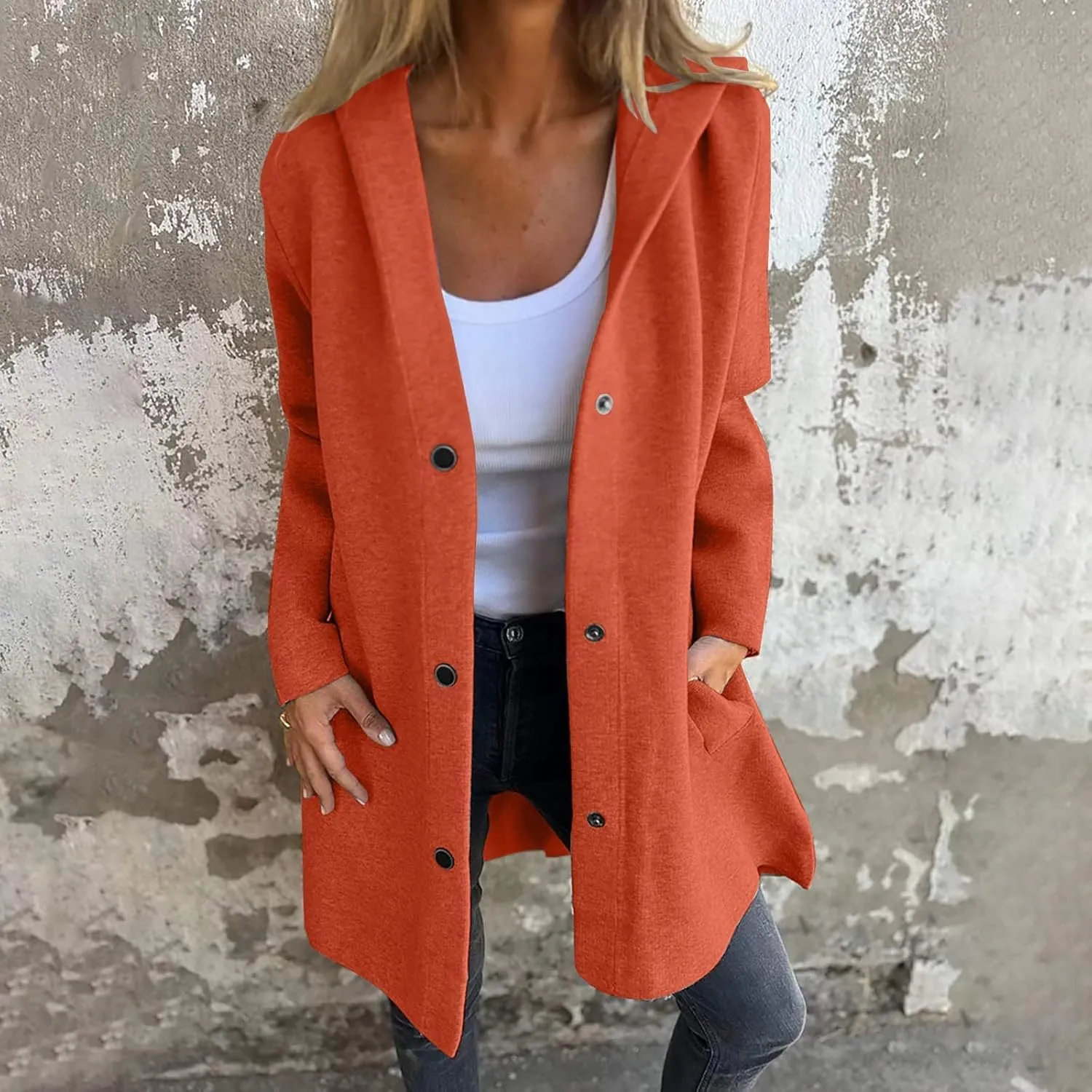 Womens Jackets Casual Single Breasted Hooded Jacket Lapel Neck Long Sleeve Solid Cardigans Trench Coat for Women 2024