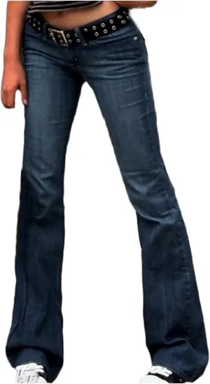 Womens Jeans Low Waist Retro Straight Leg Jeans Flap Pocket Boot Cut Denim Pants Sexy Ribcage Bell Bottom Jeans