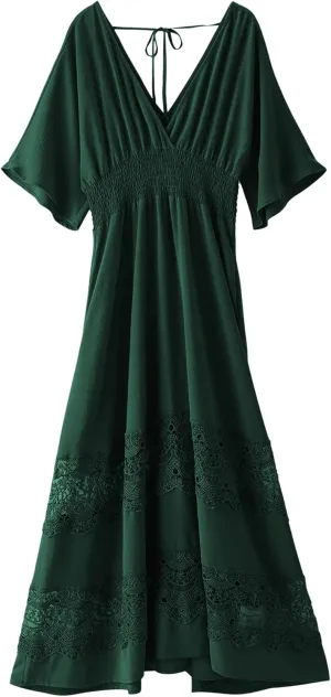Women's Lace Maxi Dress Short Sleeve V Neck Party Dress Smocked Waist Boho Maxi Dress Bohemian Dress for Women