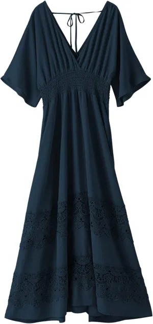 Women's Lace Maxi Dress Short Sleeve V Neck Party Dress Smocked Waist Boho Maxi Dress Bohemian Dress for Women