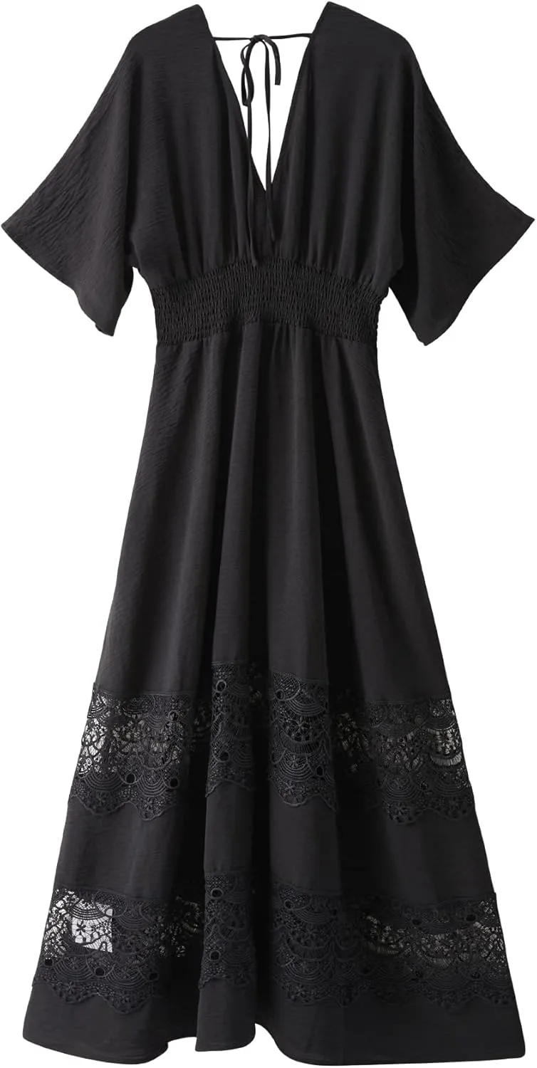 Women's Lace Maxi Dress Short Sleeve V Neck Party Dress Smocked Waist Boho Maxi Dress Bohemian Dress for Women