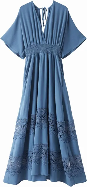Women's Lace Maxi Dress Short Sleeve V Neck Party Dress Smocked Waist Boho Maxi Dress Bohemian Dress for Women