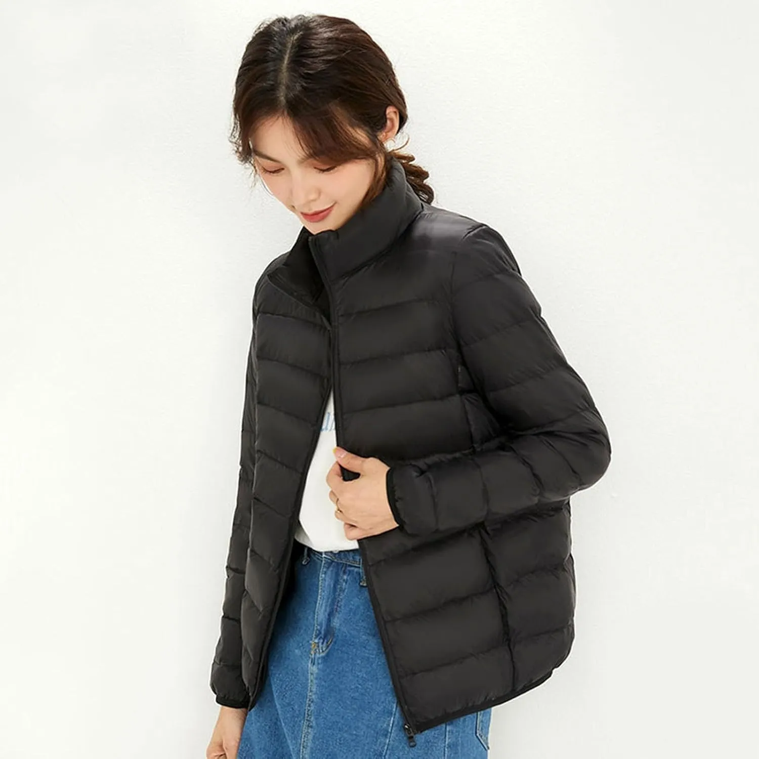 Women's Lightweight Packable Down Jacket Quilted Puffer Coat with Stand Collar Slim Trench Coat