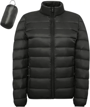 Women's Lightweight Packable Down Jacket Quilted Puffer Coat with Stand Collar Slim Trench Coat