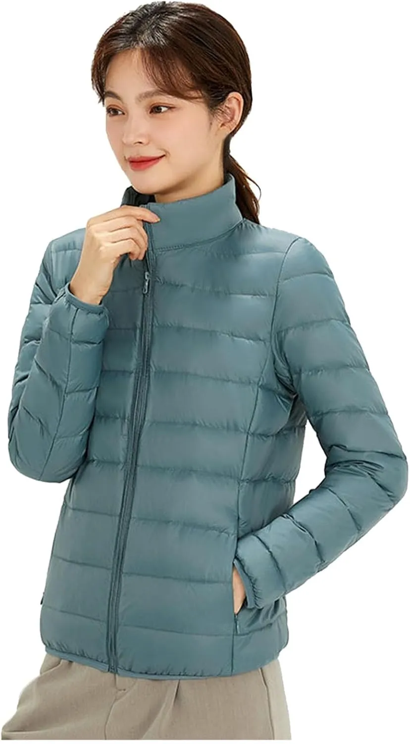 Women's Lightweight Packable Down Jacket Quilted Puffer Coat with Stand Collar Slim Trench Coat