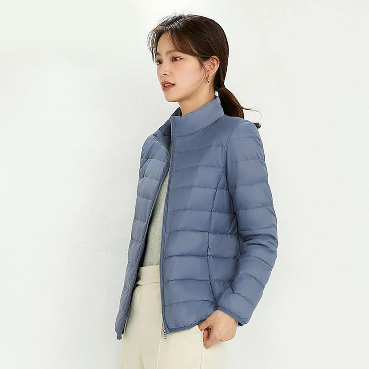 Women's Lightweight Packable Down Jacket Quilted Puffer Coat with Stand Collar Slim Trench Coat