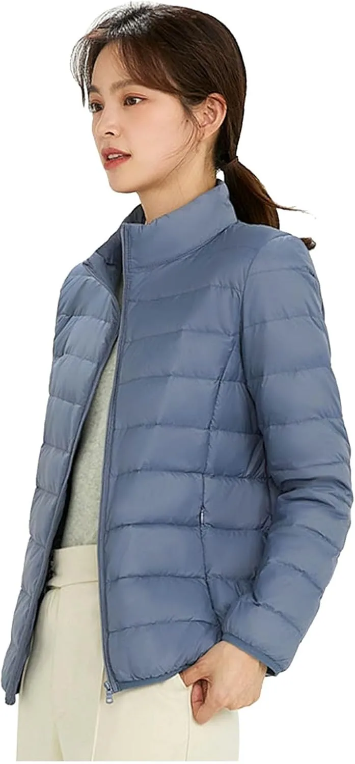 Women's Lightweight Packable Down Jacket Quilted Puffer Coat with Stand Collar Slim Trench Coat