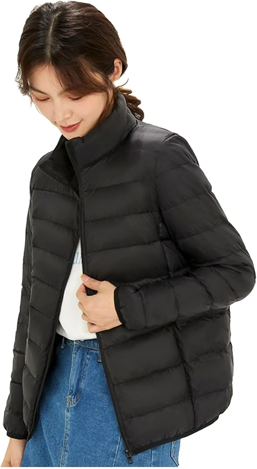 Women's Lightweight Packable Down Jacket Quilted Puffer Coat with Stand Collar Slim Trench Coat