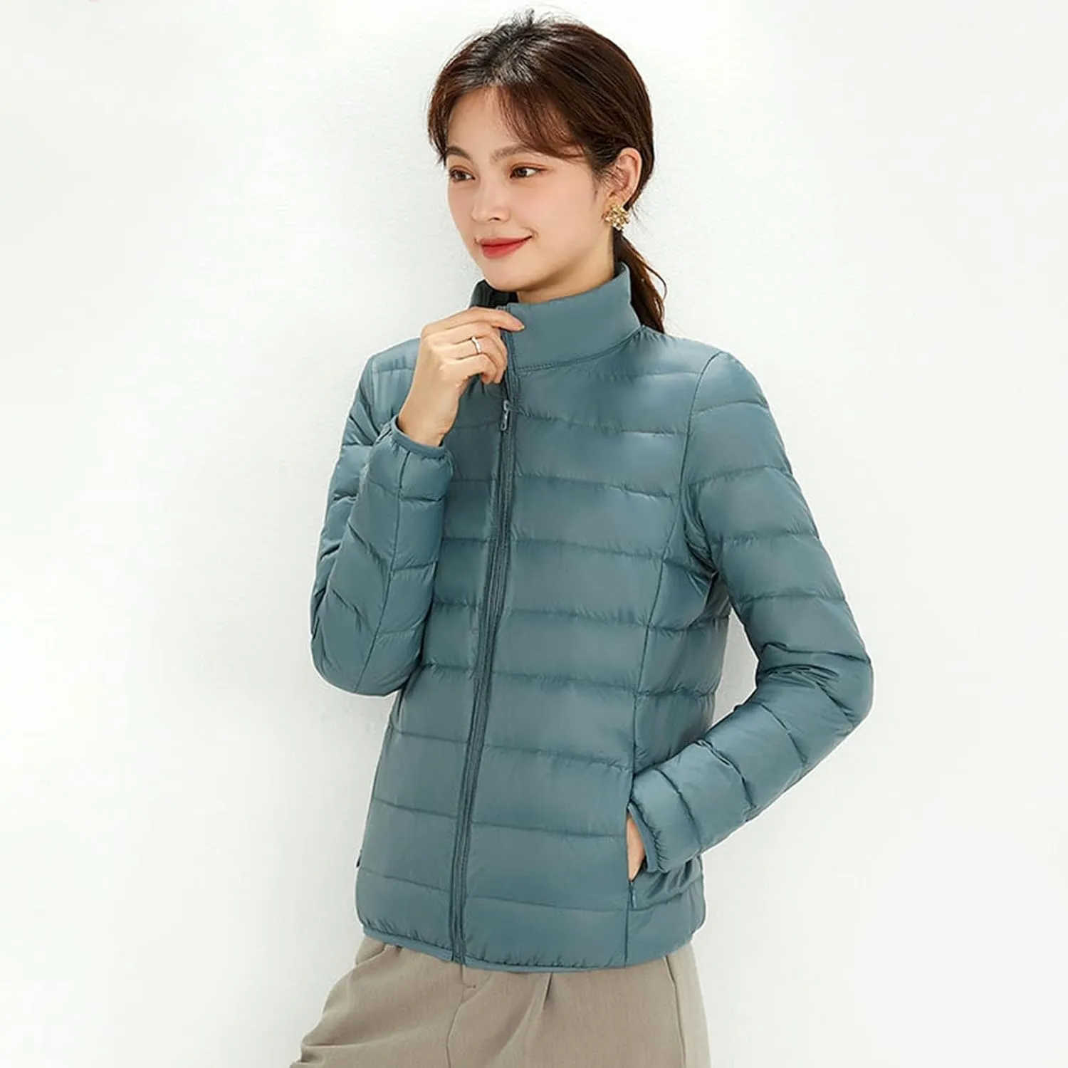Women's Lightweight Packable Down Jacket Quilted Puffer Coat with Stand Collar Slim Trench Coat
