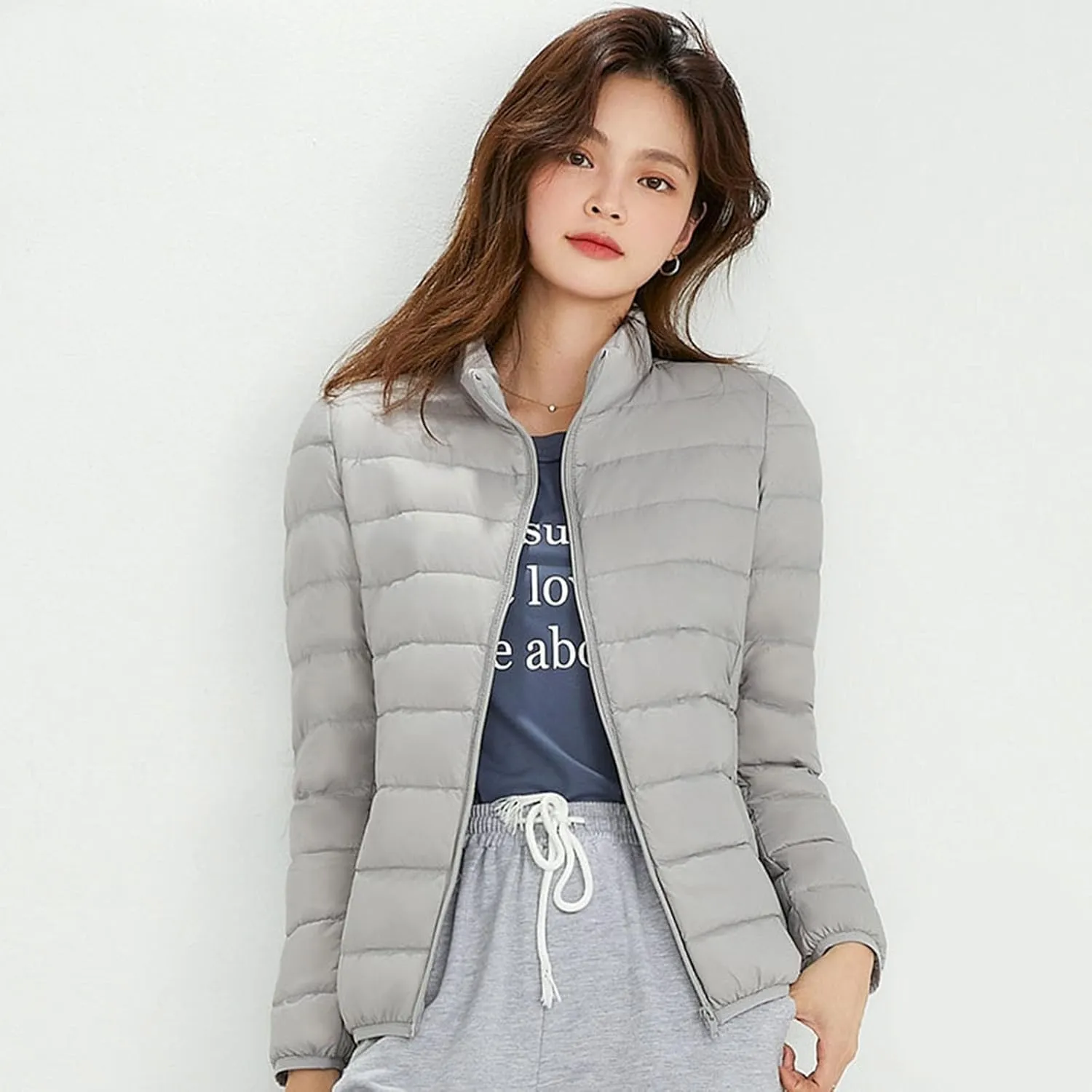 Women's Lightweight Packable Down Jacket Quilted Puffer Coat with Stand Collar Slim Trench Coat