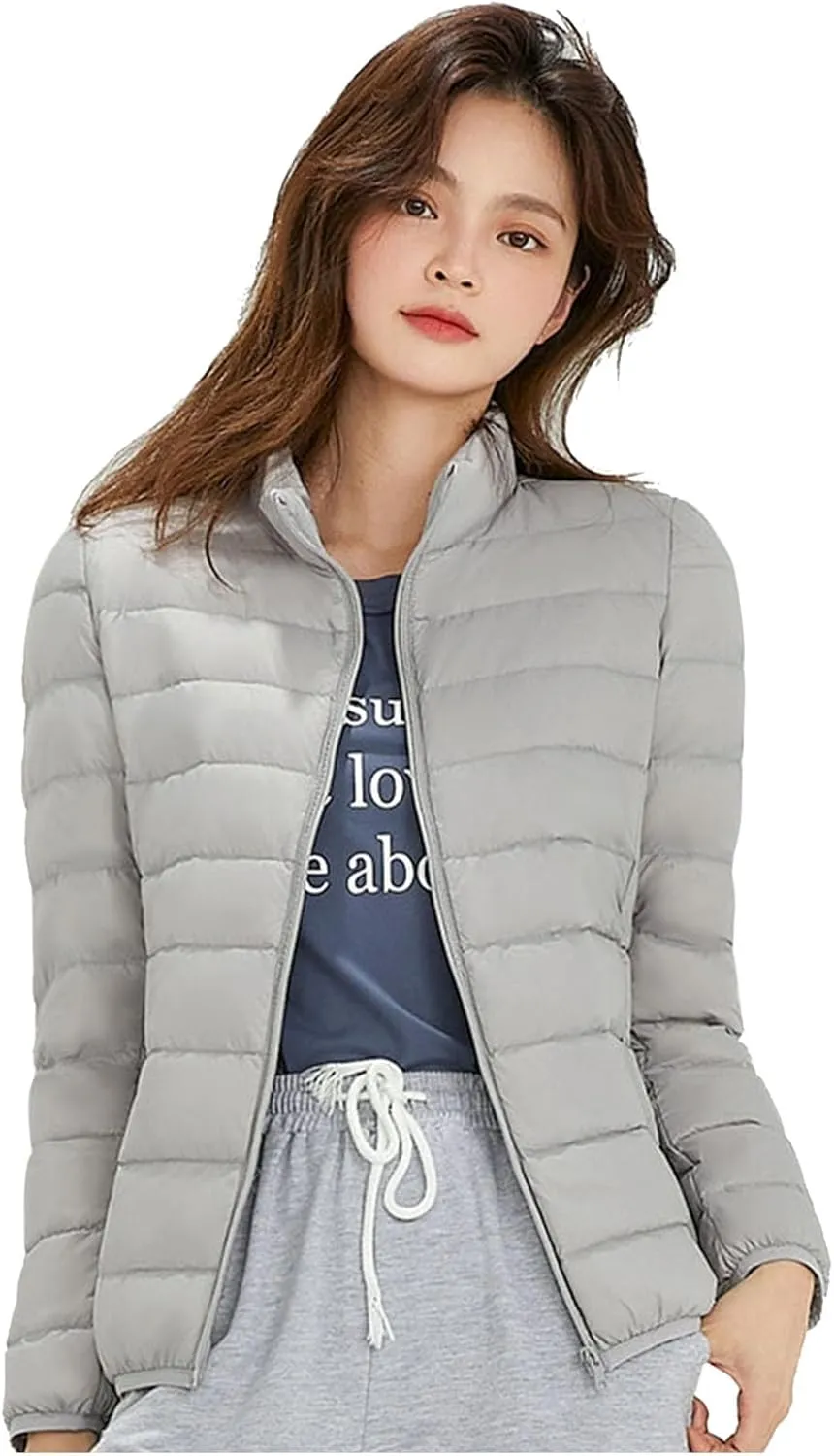 Women's Lightweight Packable Down Jacket Quilted Puffer Coat with Stand Collar Slim Trench Coat