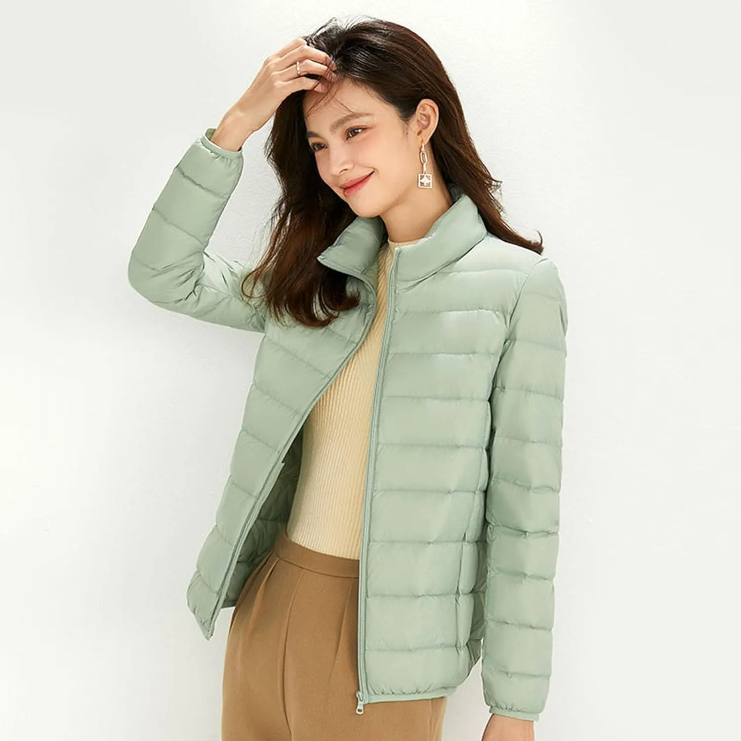 Women's Lightweight Packable Down Jacket Quilted Puffer Coat with Stand Collar Slim Trench Coat