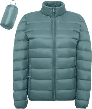 Women's Lightweight Packable Down Jacket Quilted Puffer Coat with Stand Collar Slim Trench Coat