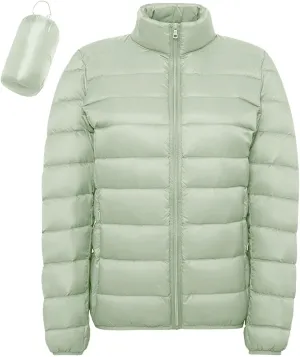 Women's Lightweight Packable Down Jacket Quilted Puffer Coat with Stand Collar Slim Trench Coat