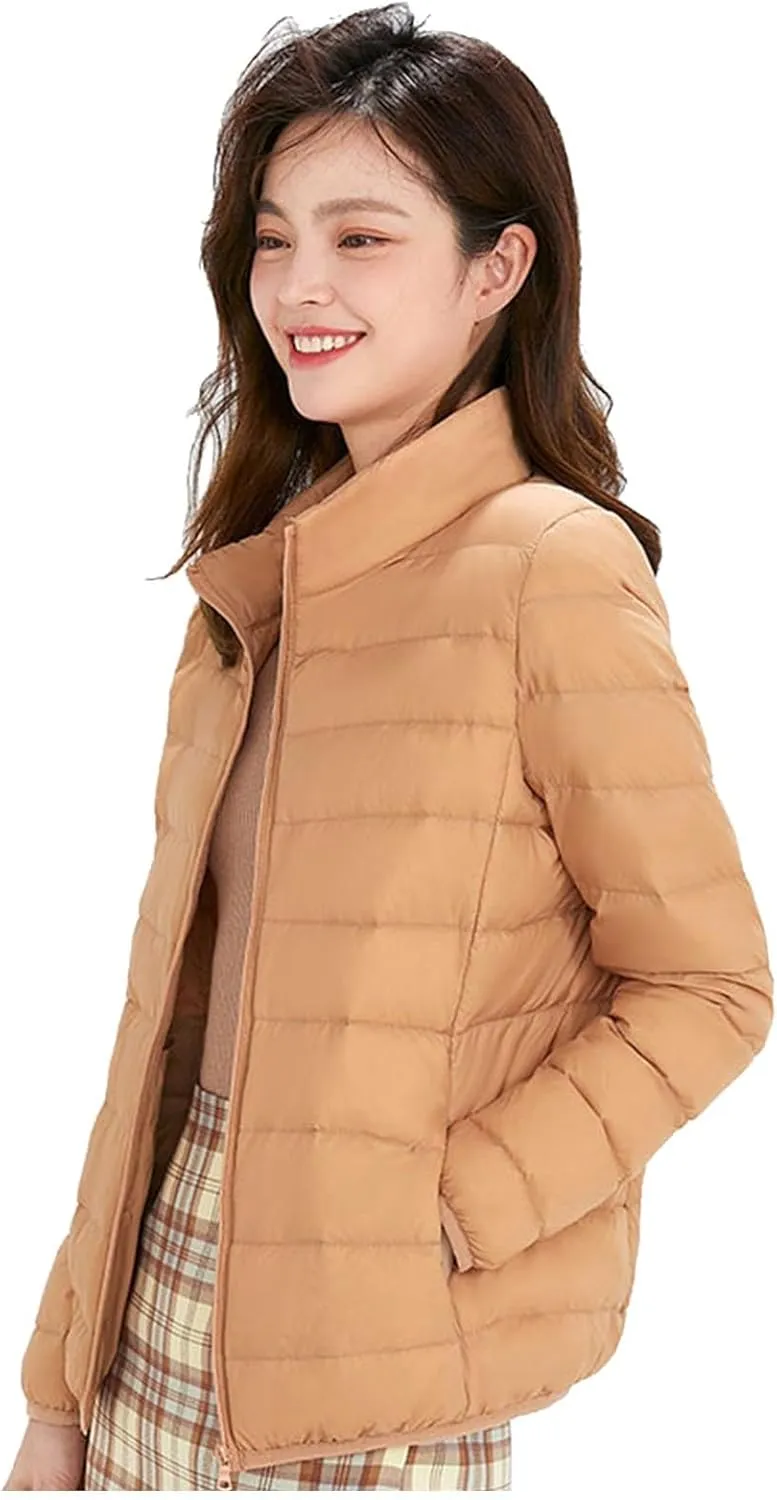 Women's Lightweight Packable Down Jacket Quilted Puffer Coat with Stand Collar Slim Trench Coat
