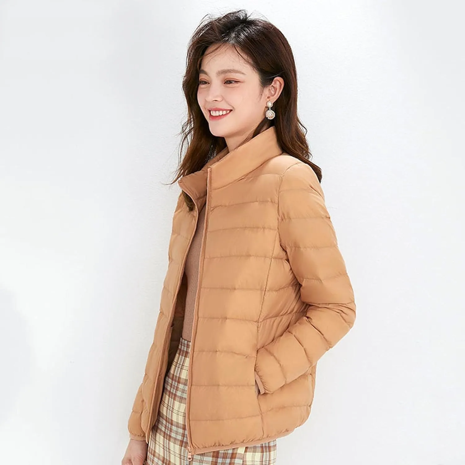 Women's Lightweight Packable Down Jacket Quilted Puffer Coat with Stand Collar Slim Trench Coat