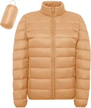 Women's Lightweight Packable Down Jacket Quilted Puffer Coat with Stand Collar Slim Trench Coat