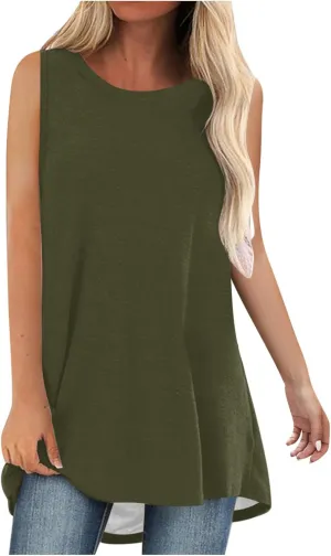Womens Long Tank Tops Solid Color Baggy Loose Tanks Shirt Plus Size Round Neck Cami Top Summer Curved Hem 2025 Tees