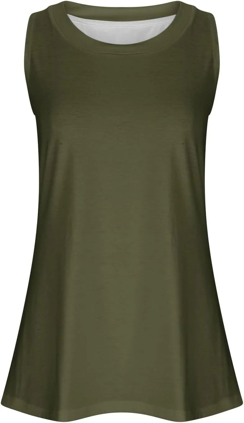 Womens Long Tank Tops Solid Color Baggy Loose Tanks Shirt Plus Size Round Neck Cami Top Summer Curved Hem 2025 Tees