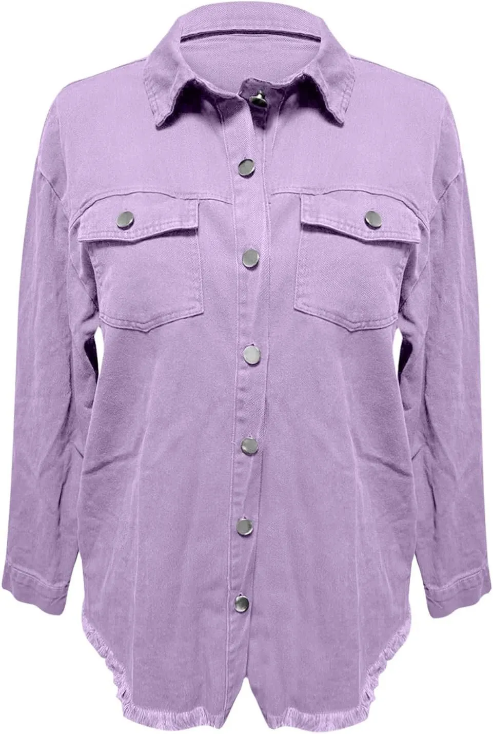 Womens Oversized Denim Jacket Lightweight Button Up Frayed Hem Shacket Long Sleeve Boyfriend Jean Jackets