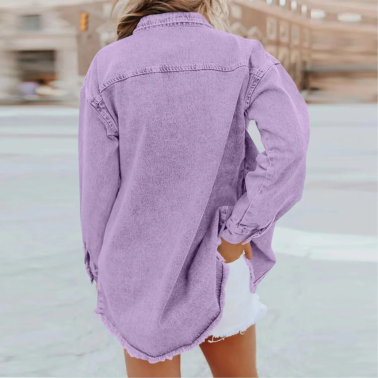 Womens Oversized Denim Jacket Lightweight Button Up Frayed Hem Shacket Long Sleeve Boyfriend Jean Jackets