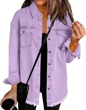 Womens Oversized Denim Jacket Lightweight Button Up Frayed Hem Shacket Long Sleeve Boyfriend Jean Jackets