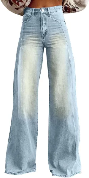 Women's Pants, Spring High Waisted Jeans Wide Leg Sweatpants Denim Pants with