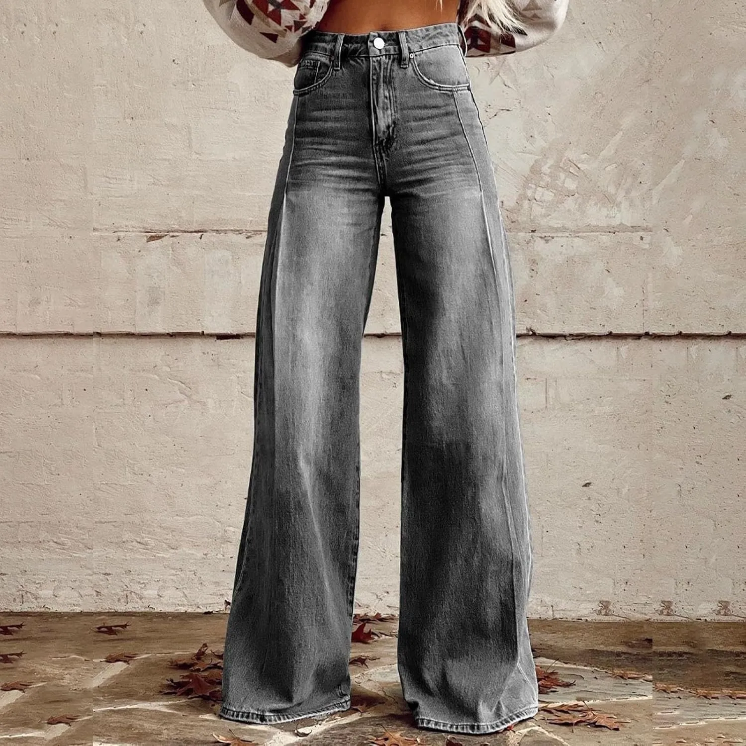Women's Pants, Spring High Waisted Jeans Wide Leg Sweatpants Denim Pants with