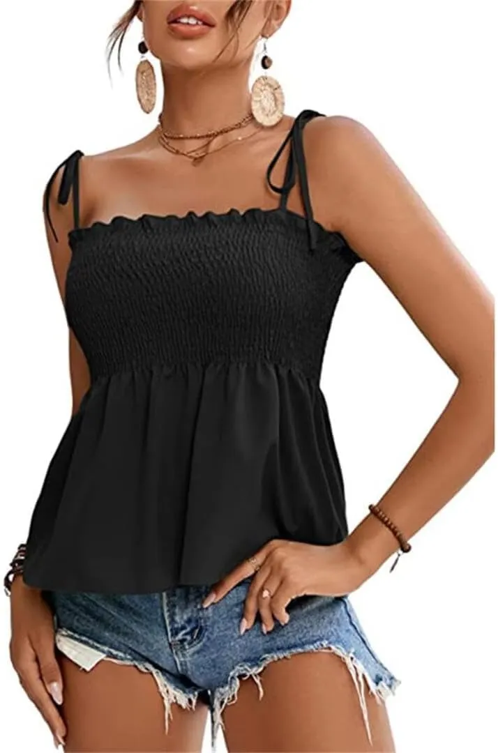 Women's Peplum Tops Flowy Y2k Cute Tie Sleeveless Babydoll Pleated Cami Top