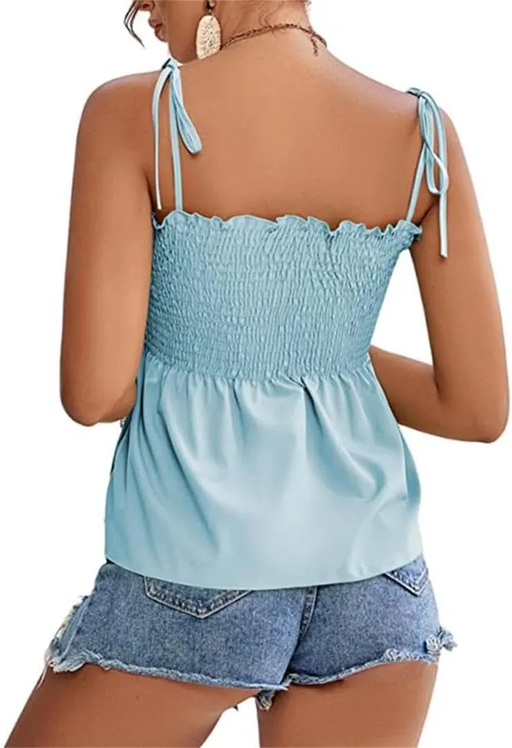 Women's Peplum Tops Flowy Y2k Cute Tie Sleeveless Babydoll Pleated Cami Top