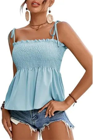 Women's Peplum Tops Flowy Y2k Cute Tie Sleeveless Babydoll Pleated Cami Top