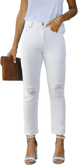 Women's Ripped High Waisted Jeans Distressed Stretch Straight Jean Denim Pants