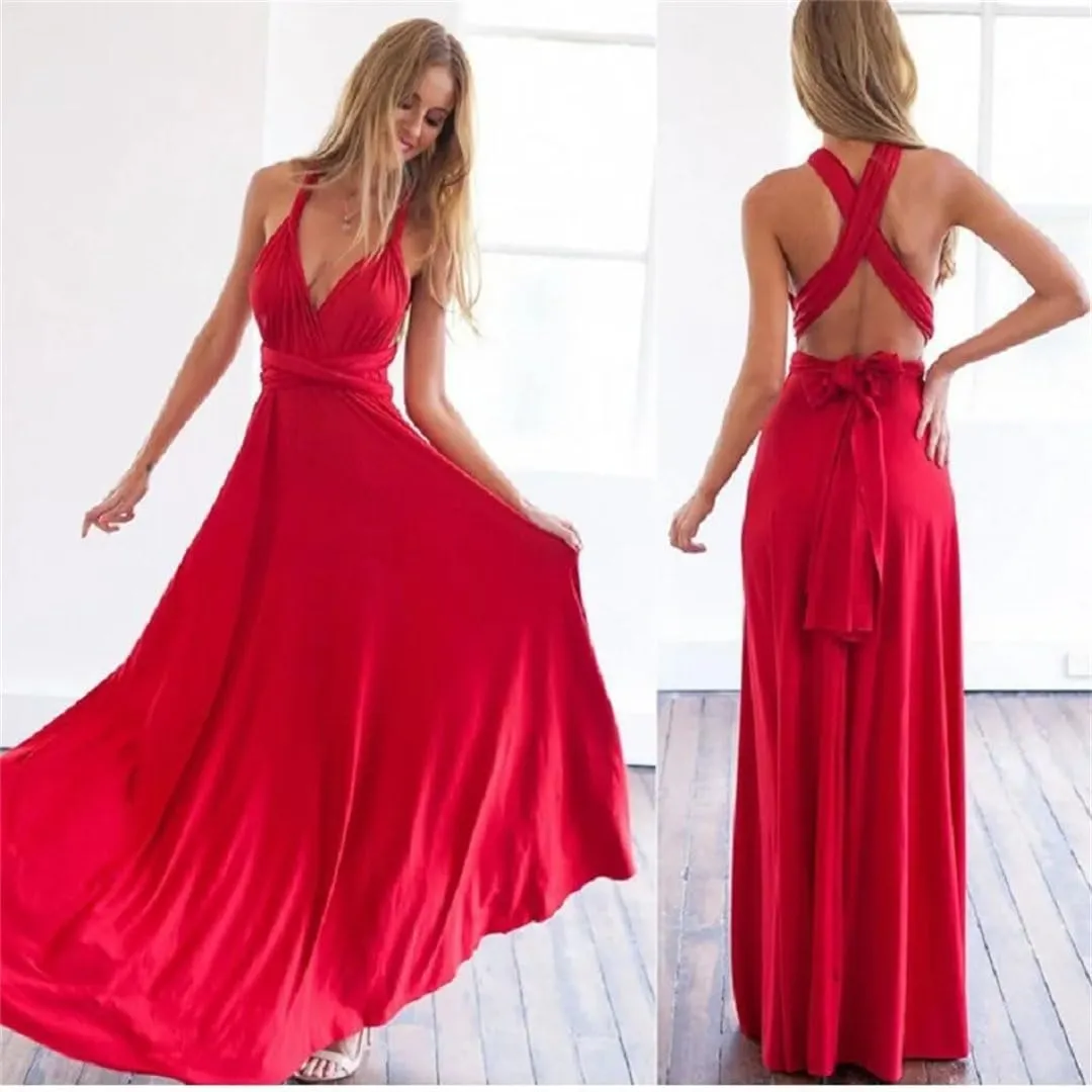 Women's Sexy Multiway Wrap Convertible Boho Maxi Club Red Dress Bandage Long Dress