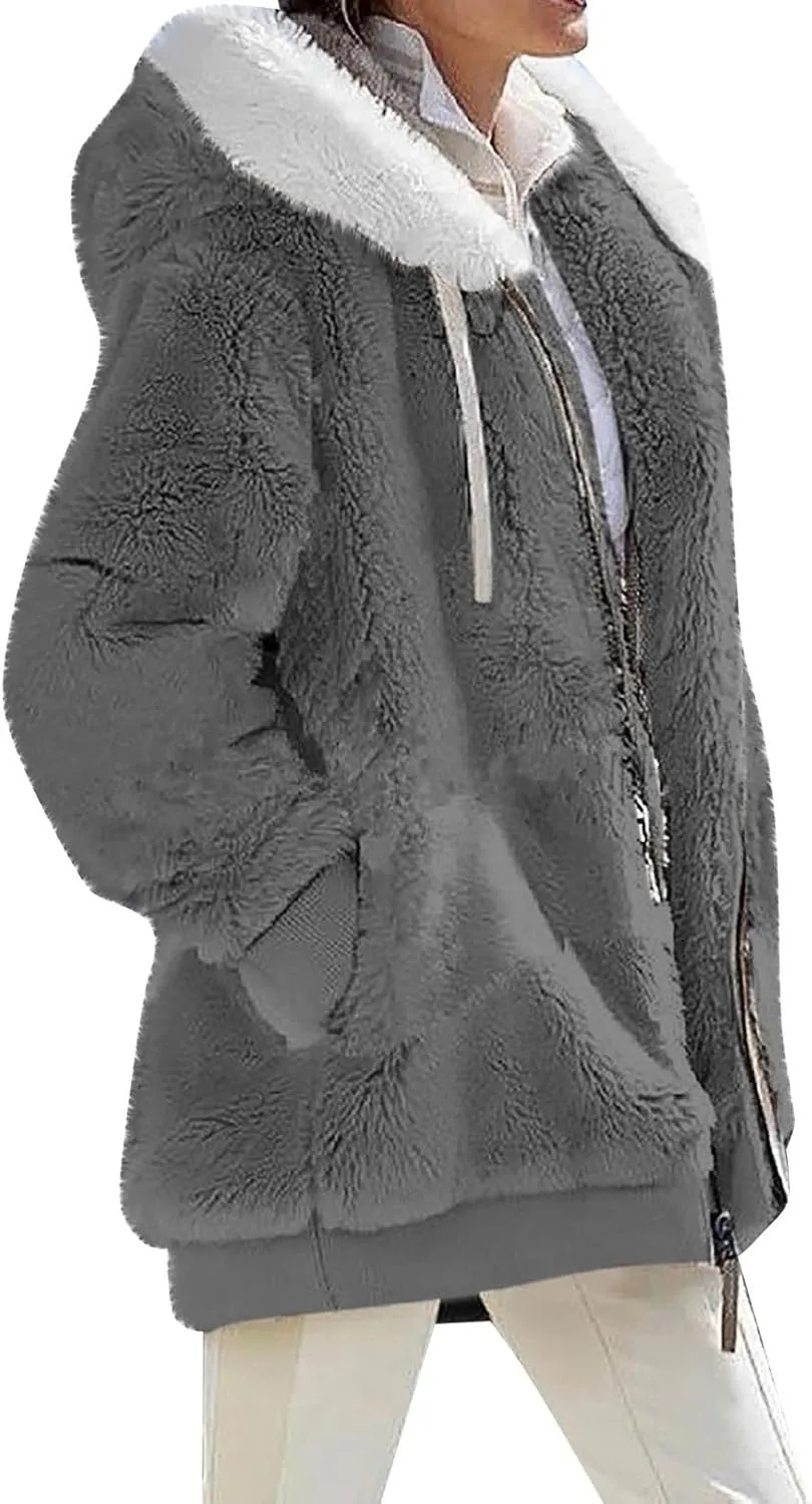 Womens Sherpa Jacket Fuzzy Zip Up Hoodie Oversized Fleece Jackets Fluffy Coat with Pockets