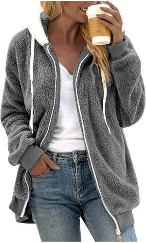 Womens Sherpa Jacket Fuzzy Zip Up Hoodie Oversized Fleece Jackets Fluffy Coat with Pockets