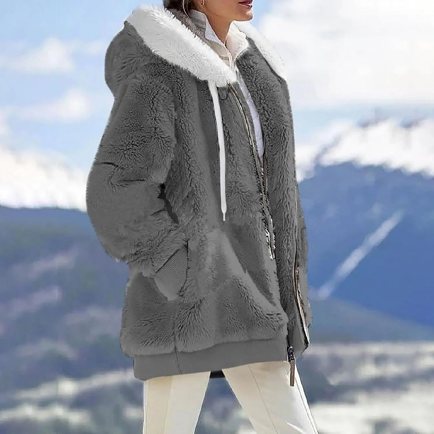 Womens Sherpa Jacket Fuzzy Zip Up Hoodie Oversized Fleece Jackets Fluffy Coat with Pockets