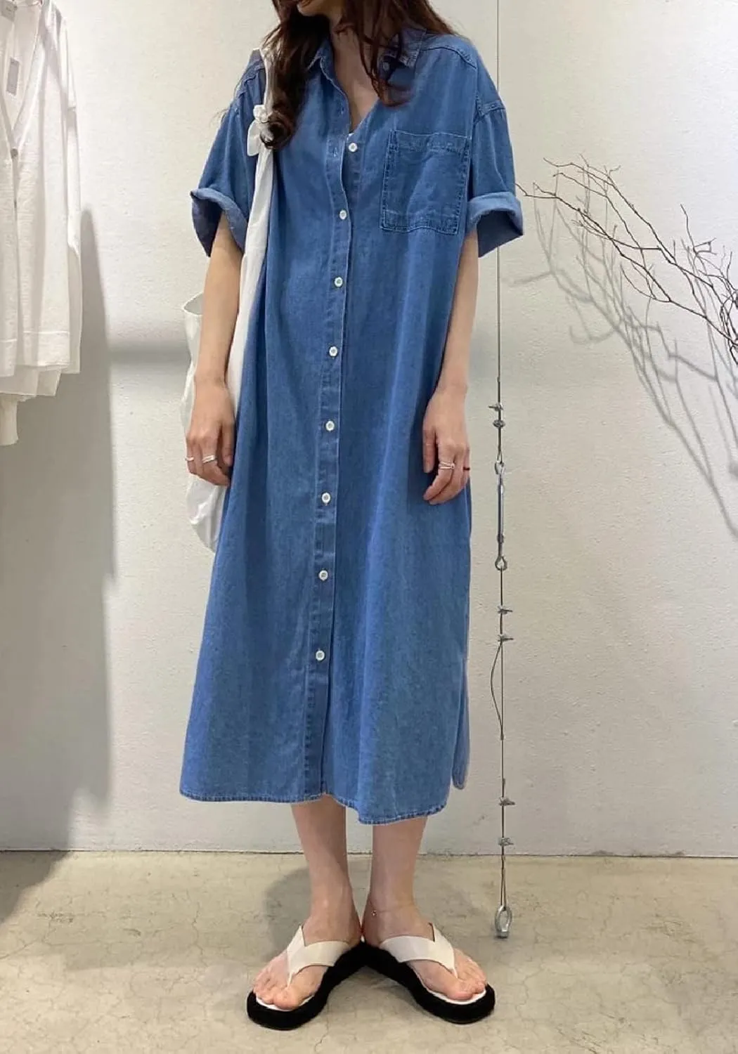 Women's Short Sleeve Denim Button-Down Shirt Dress