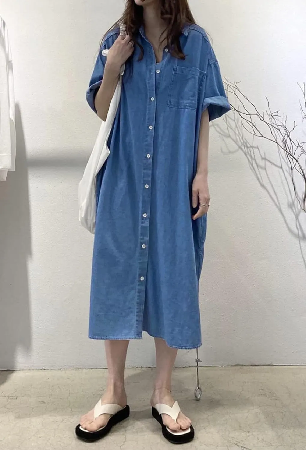 Women's Short Sleeve Denim Button-Down Shirt Dress