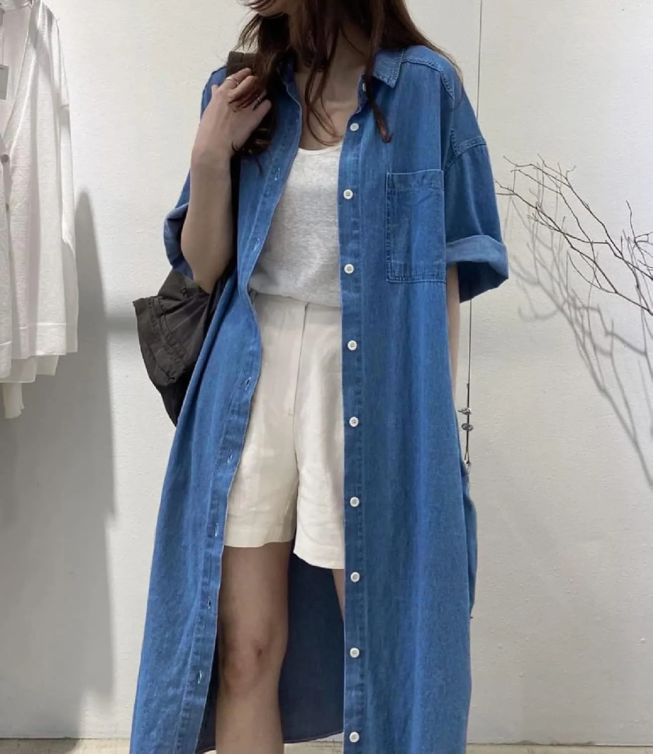 Women's Short Sleeve Denim Button-Down Shirt Dress