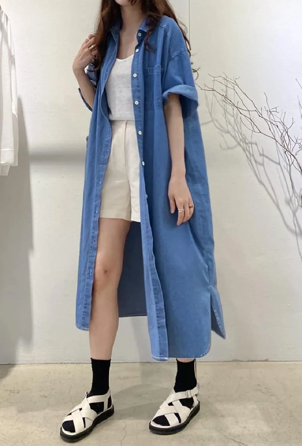 Women's Short Sleeve Denim Button-Down Shirt Dress