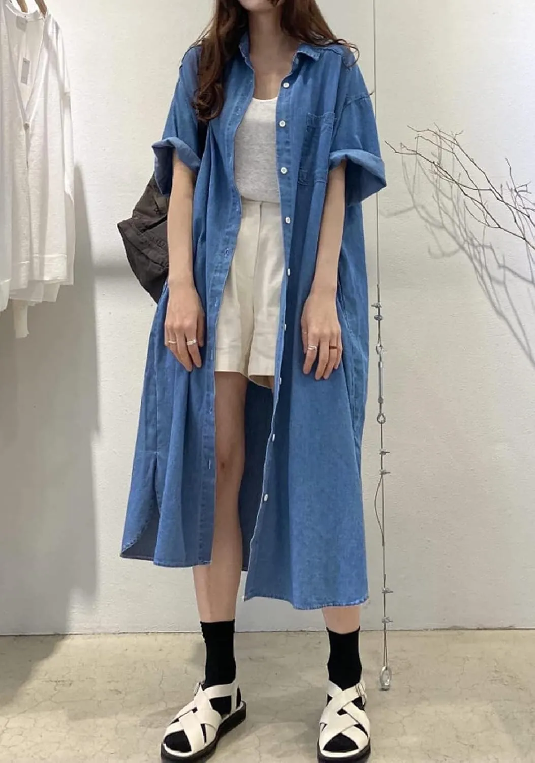 Women's Short Sleeve Denim Button-Down Shirt Dress