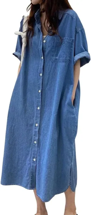 Women's Short Sleeve Denim Button-Down Shirt Dress