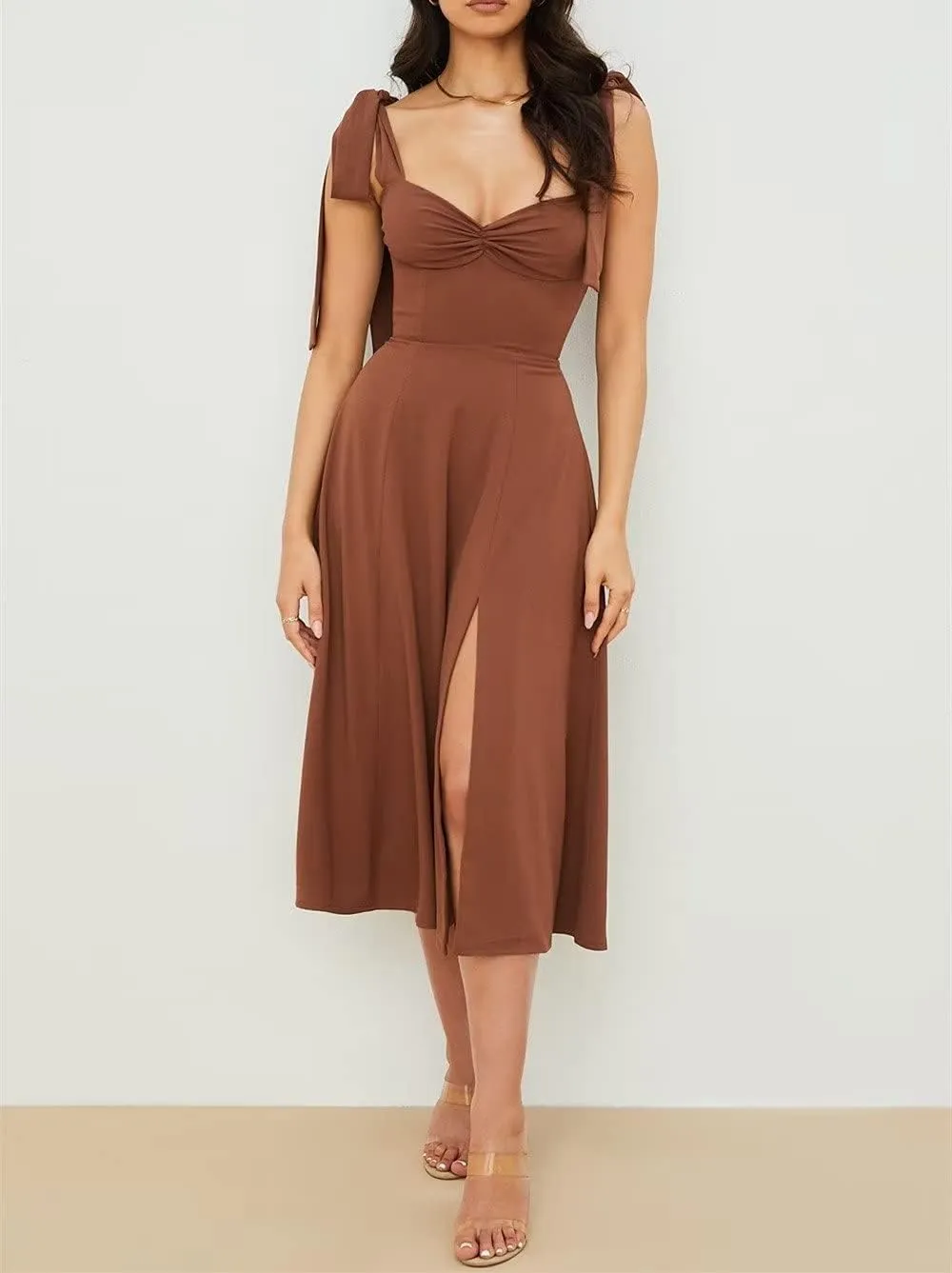 Womens Shoulder Tie Strap Dress Sleeveless Strappy Slip Dress Slit Corset Dress Swing A-line Midi Party Cocktail Dress
