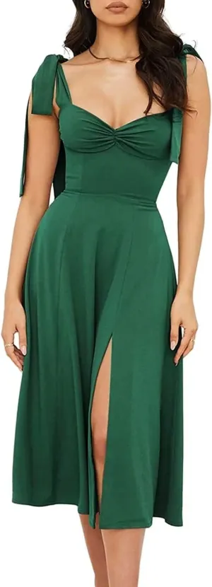 Womens Shoulder Tie Strap Dress Sleeveless Strappy Slip Dress Slit Corset Dress Swing A-line Midi Party Cocktail Dress