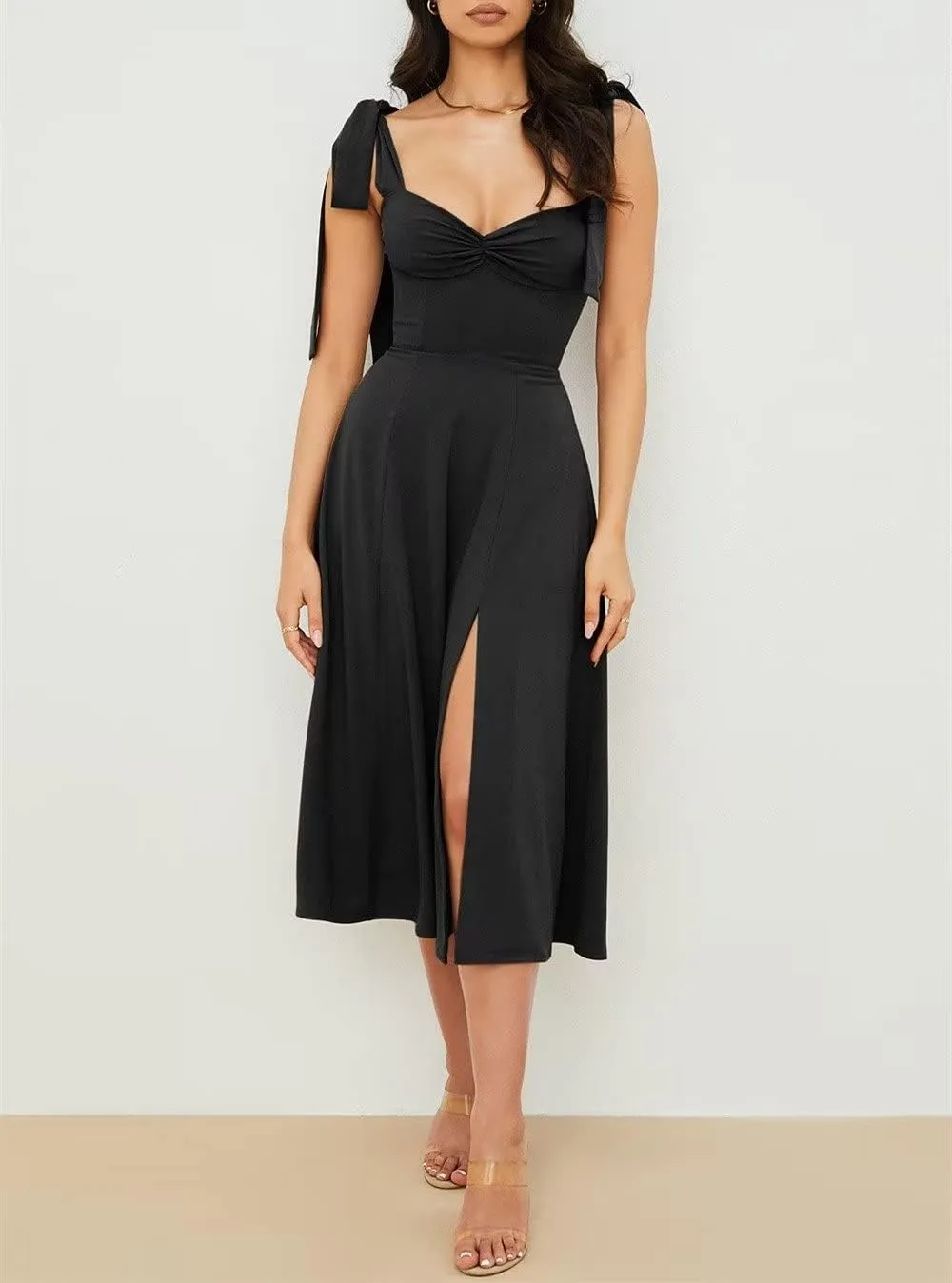 Womens Shoulder Tie Strap Dress Sleeveless Strappy Slip Dress Slit Corset Dress Swing A-line Midi Party Cocktail Dress