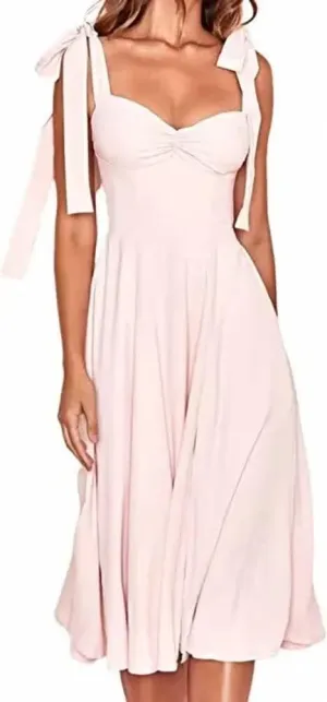 Womens Shoulder Tie Strap Dress Sleeveless Strappy Slip Dress Slit Corset Dress Swing A-line Midi Party Cocktail Dress