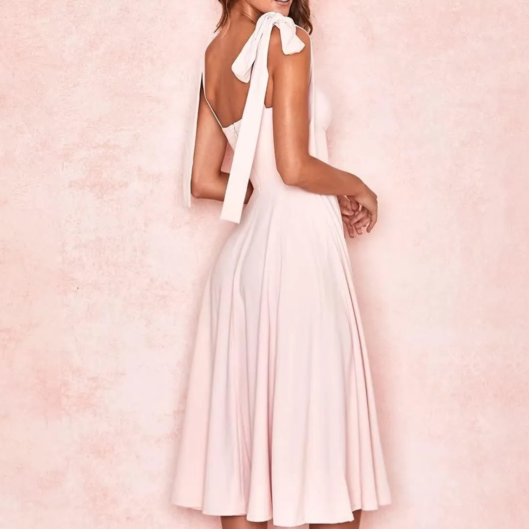 Womens Shoulder Tie Strap Dress Sleeveless Strappy Slip Dress Slit Corset Dress Swing A-line Midi Party Cocktail Dress